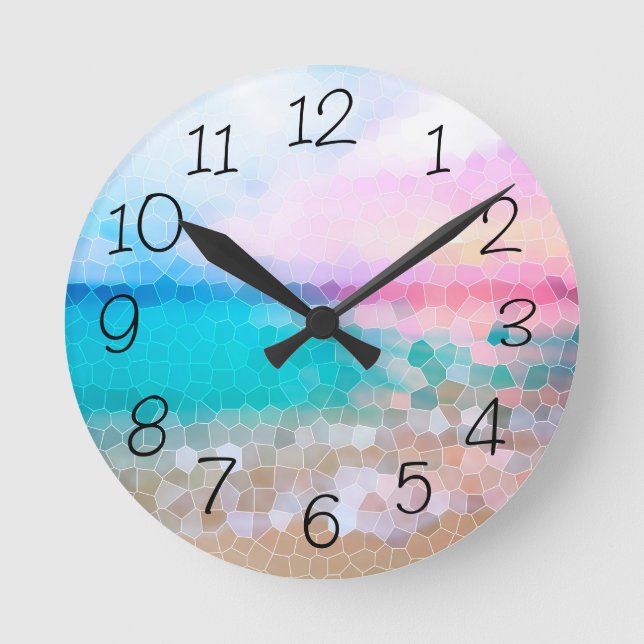 Tropical Morning Sunrise Stain Glass Beach  Round Clock (Front)