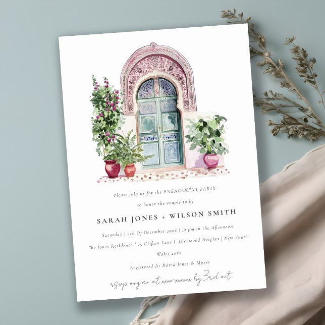 Tropical Moroccan Doorway Watercolor Engagement Invitation (Creator Uploaded)