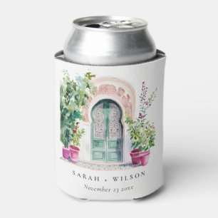 Tropical Moroccan Doorway Watercolor Wedding Can Cooler