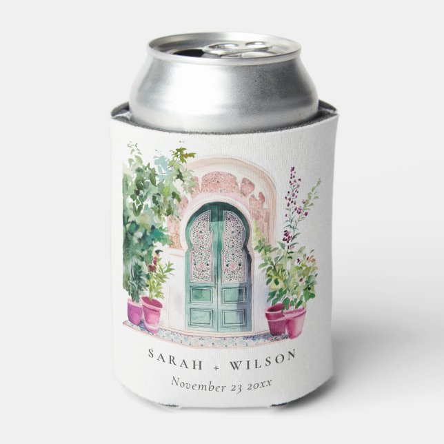 Tropical Moroccan Doorway Watercolor Wedding Can Cooler (Can Front)