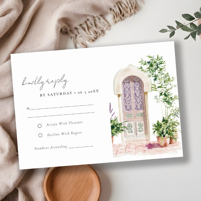 Tropical Moroccan Doorway Watercolor Wedding RSVP Card (Creator Uploaded)