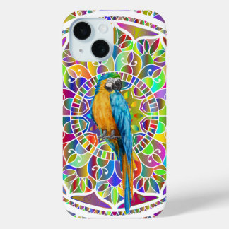Tropical Mosaic – Blue & Gold Macaw Mandala iPhone 15 Case
