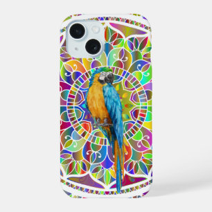 Tropical Mosaic – Blue & Gold Macaw Mandala iPhone 15 Case