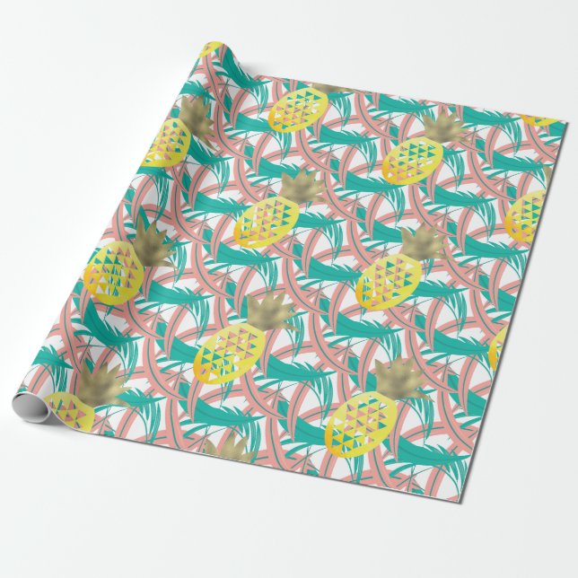 Tropical Multicolor Palm Leaves Gold  Pineapples Wrapping Paper (Unrolled)