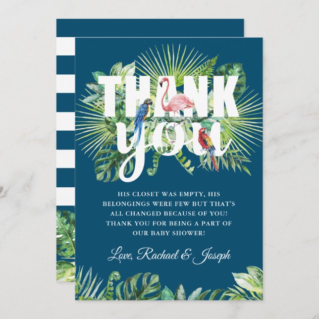 Tropical Navy Blue Flamingo Baby Shower Thank You Card (Front/Back)