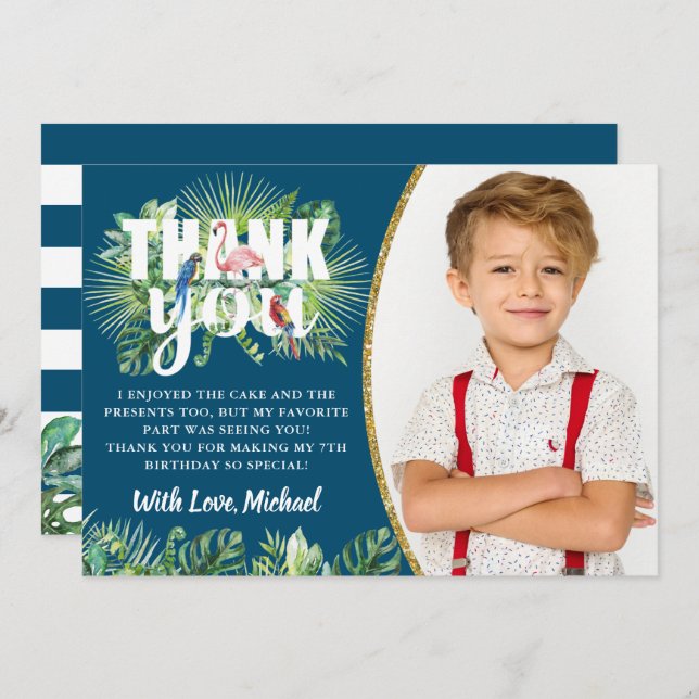 Tropical Navy Blue Flamingo Birthday Photo  Thank You Card (Front/Back)