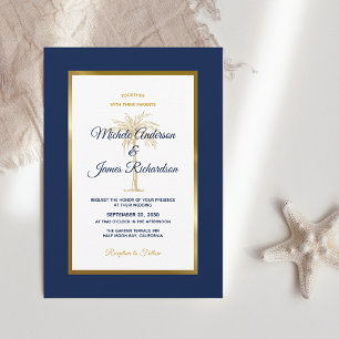 Tropical Navy Blue Gold Palm Tree Modern Wedding Invitation