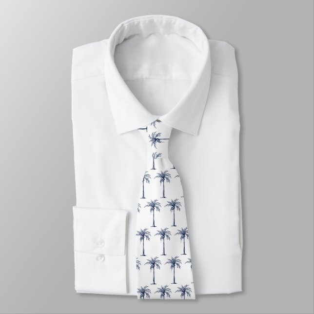 Tropical Navy Blue Palm Tree Pattern Tie (Tied)