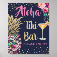 Tropical Navy Blue Pineapple Pink Floral Tiki Bar