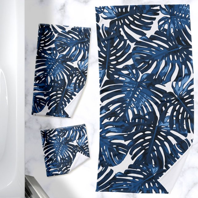 Tropical Navy Blue White Jungle Leaves Bath Towel Set (Navy blue and white jungle leaves towel set)