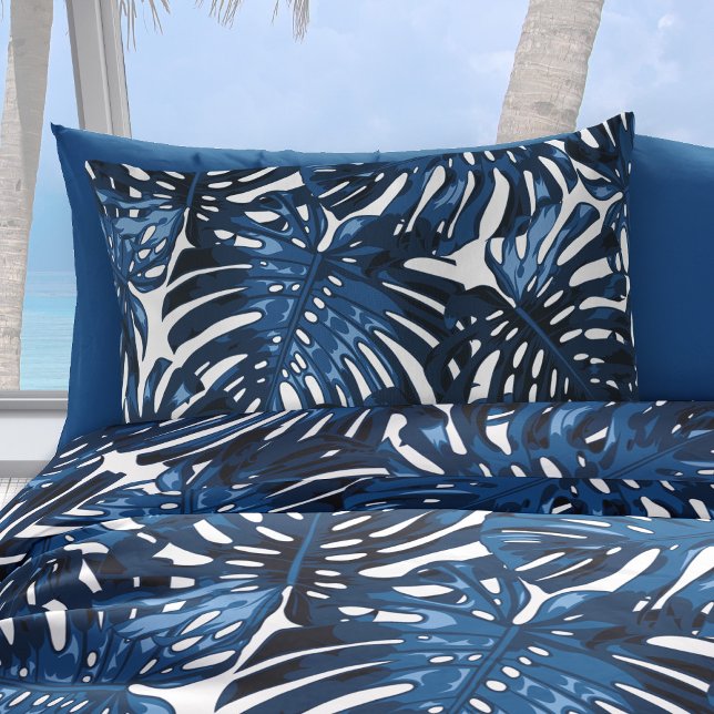 Tropical Navy Blue White Jungle Leaves Pillowcase (Navy blue palm leaves pattern pillow case)