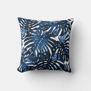 Tropical Navy Blue White Monstera Jungle Leaves Cushion