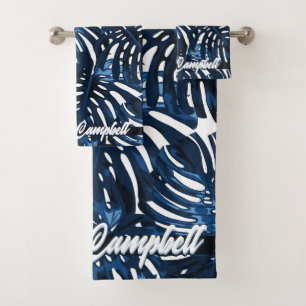 Tropical Navy Blue White Monstera Leaves Name Bath Towel Set