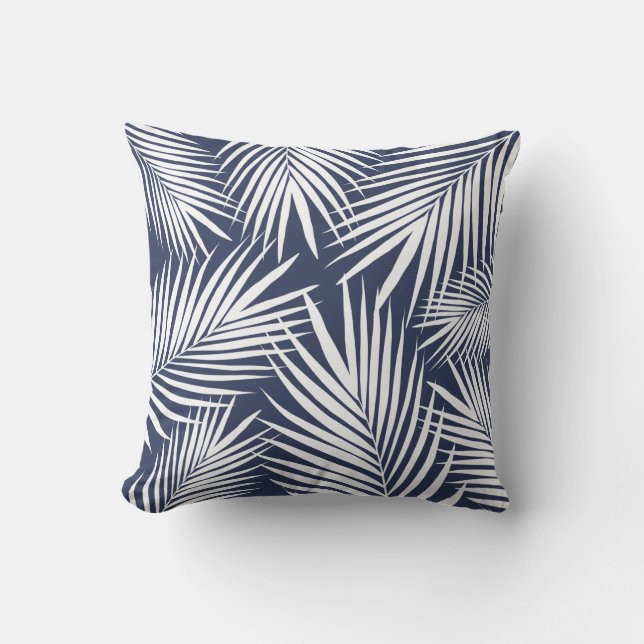 Tropical Navy Blue White Palm Leaves Outdoor Pillo Cushion (Front)