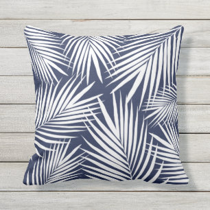 Tropical Navy Blue White Palm Leaves Outdoor Pillo Cushion