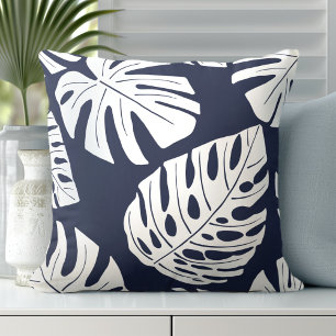 Tropical Navy Blue White Palm Monstera Leaves Cushion