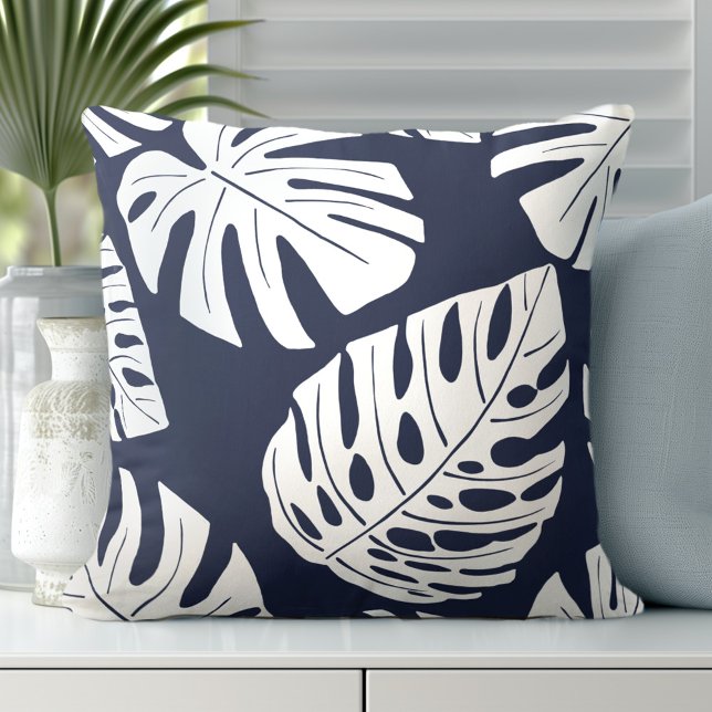 Tropical Navy Blue White Palm Monstera Leaves Cushion (Discover Gorgeous Coastal Throw Pillows by Totally Coast)