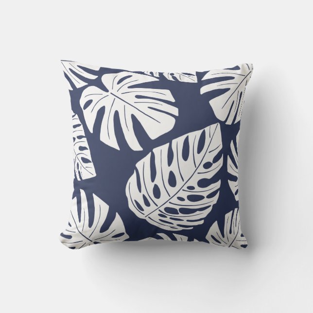 Tropical Navy Blue White Palm Monstera Leaves Outd Cushion (Front)