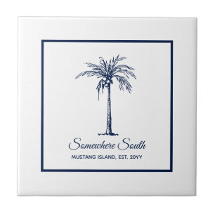 Tropical Navy Blue White Palm Tree Custom Ceramic Tile