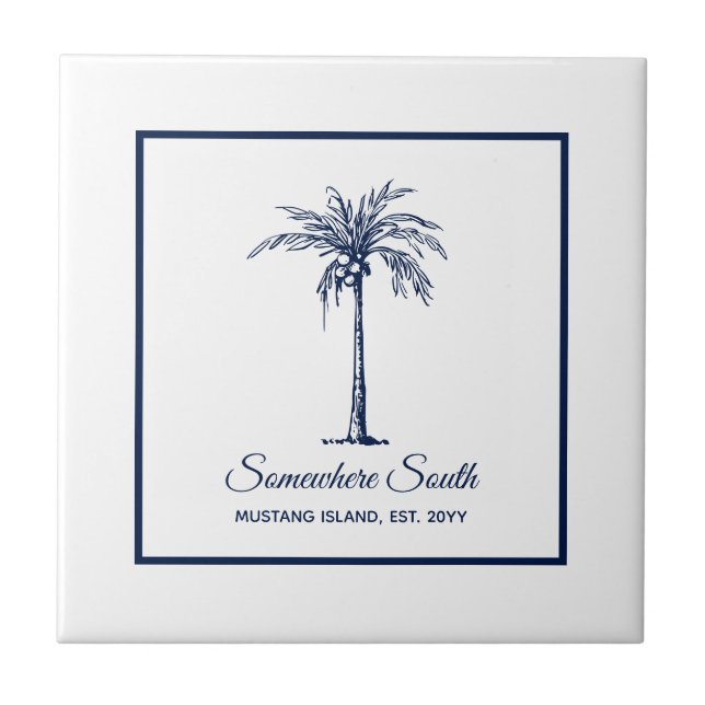 Tropical Navy Blue White Palm Tree Custom Ceramic Tile (Front)