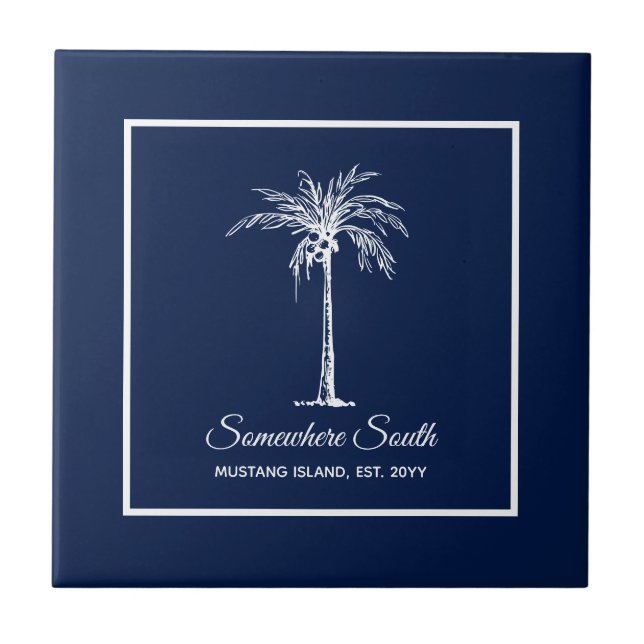 Tropical Navy Blue White Palm Tree Personalised Ceramic Tile (Front)
