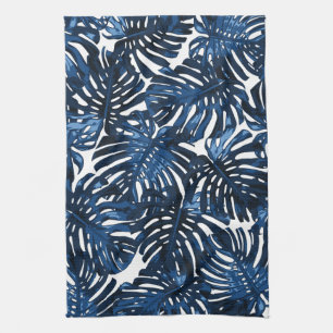 Tropical Navy Blue White Stylish Palm Leaves Tea Towel