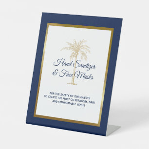 Tropical Navy Gold Palm Tree Wedding Sanitation Pedestal Sign