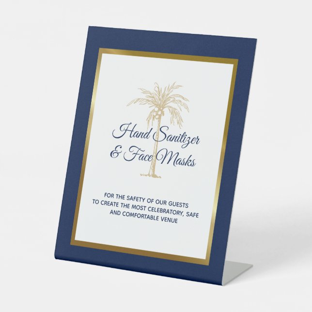 Tropical Navy Gold Palm Tree Wedding Sanitation Pedestal Sign (Front)