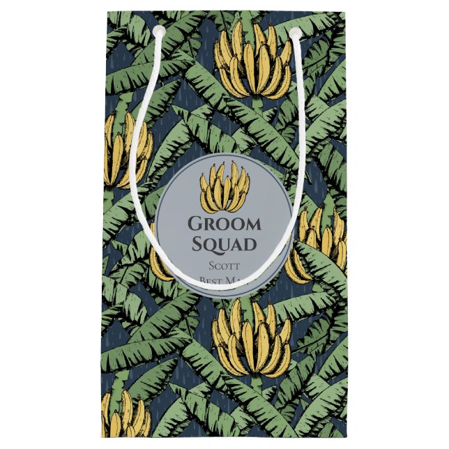 Tropical Navy Groom Squad Banana Leaves Small Gift Bag (Front)