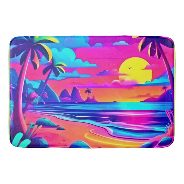 Tropical Neon Beach Sunset Art Bath Mat (Front)