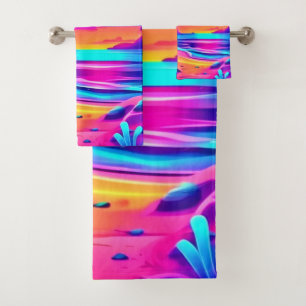 Tropical Neon Beach Sunset Art Bath Towel Set