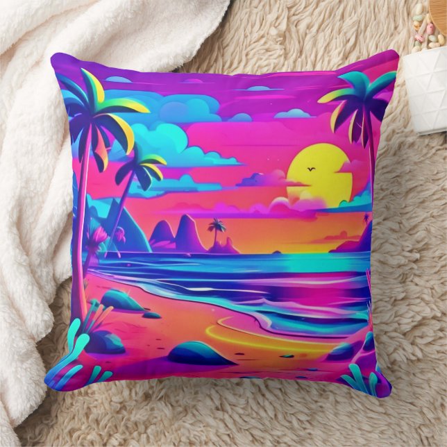 Tropical Neon Beach Sunset Art Cushion (Blanket)