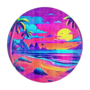 Tropical Neon Beach Sunset Art Cutting Board