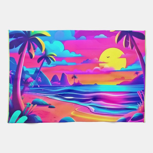 Tropical Neon Beach Sunset Art Tea Towel (Horizontal)