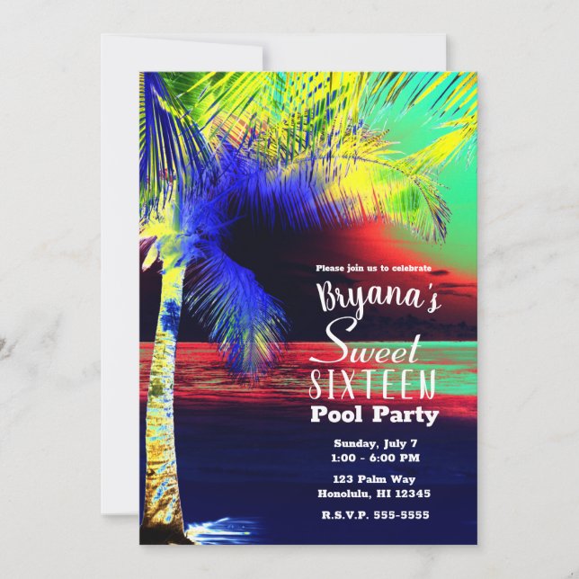 Tropical Neon Colour Beach Palm Sweet 16 Invitation (Front)