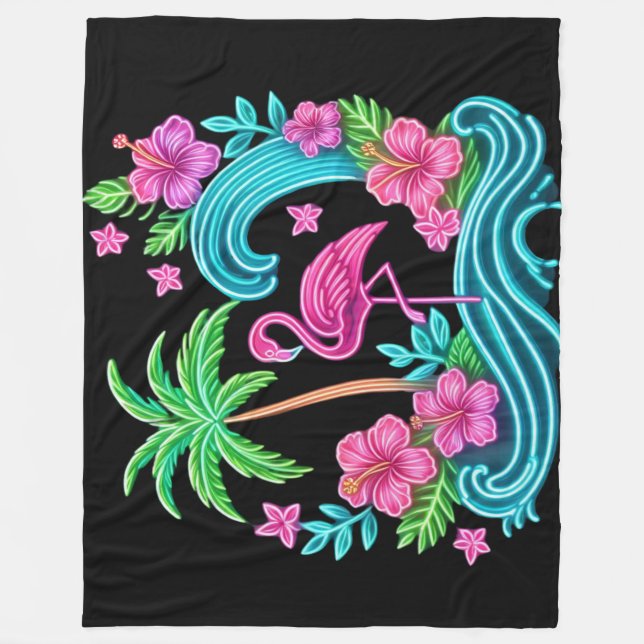 Tropical Neon Flamingo Fleece Blanket (Front)
