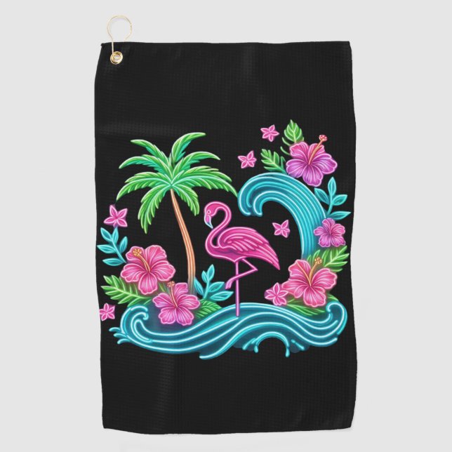 Tropical Neon Flamingo Golf Towel (Front)