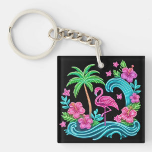 Tropical Neon Flamingo Key Ring