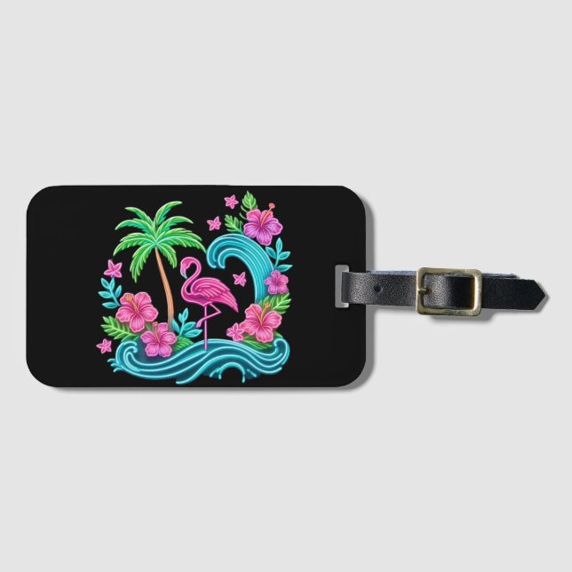 Tropical Neon Flamingo Luggage Tag (Front Horizontal)