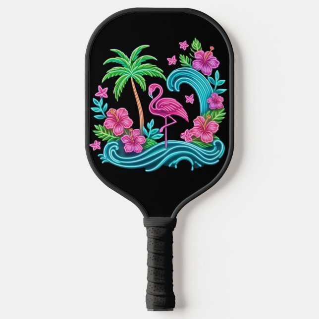 Tropical Neon Flamingo Pickleball Paddle (Front)