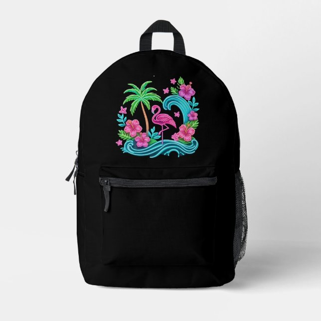 Tropical Neon Flamingo Printed Backpack (Front)