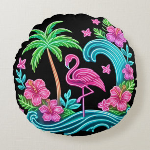 Tropical Neon Flamingo Round Cushion