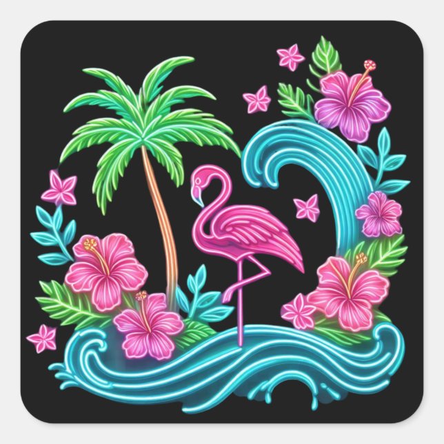Tropical Neon Flamingo Square Sticker (Front)
