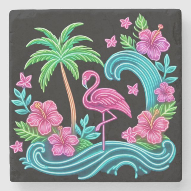 Tropical Neon Flamingo Stone Coaster (Front)