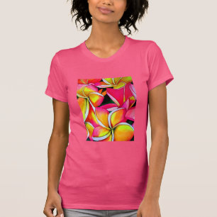 Tropical Neon Frangipani flower original art T-Shirt