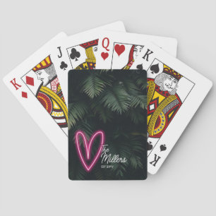 Tropical Neon Heart Last Name Wedding Favour Playing Cards