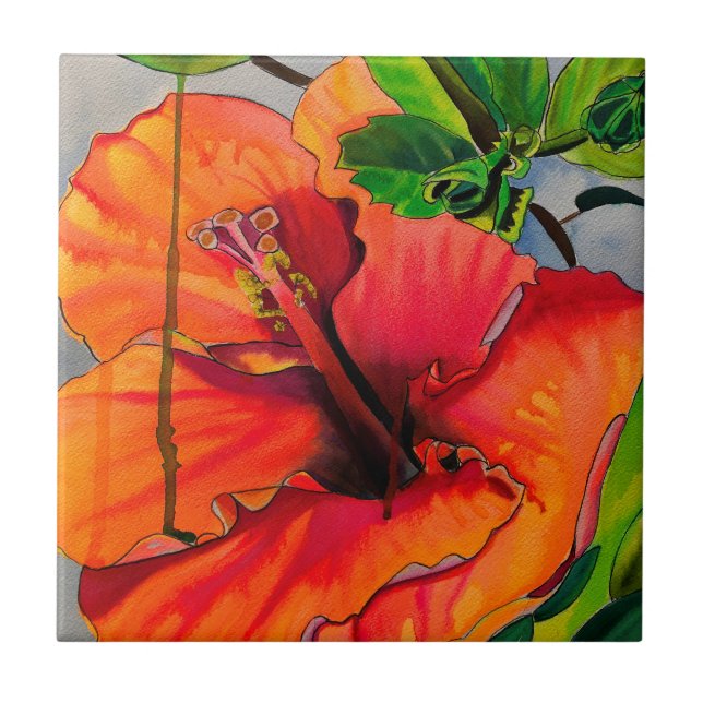 Tropical Neon Hibiscus flower Ceramic Tile (Front)