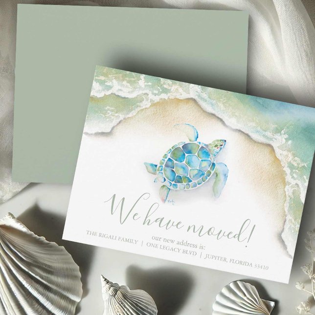Tropical New Address Cards (Moving announcement cards watercolor sea turtle ocean art by Victoria Grigaliunas DoTellABelle)