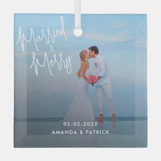 Tropical Newlywed Photo Script Married and Merry Glass Tree Decoration
