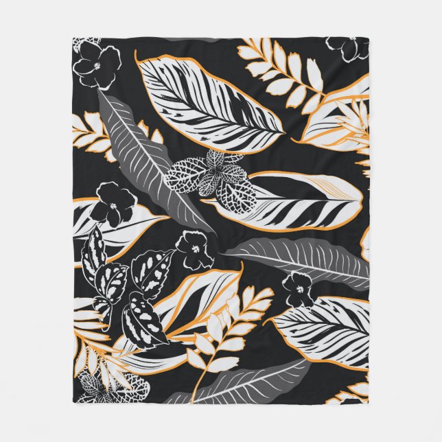 Tropical Night Foliage: Dark Vintage Pattern Fleece Blanket (Front)